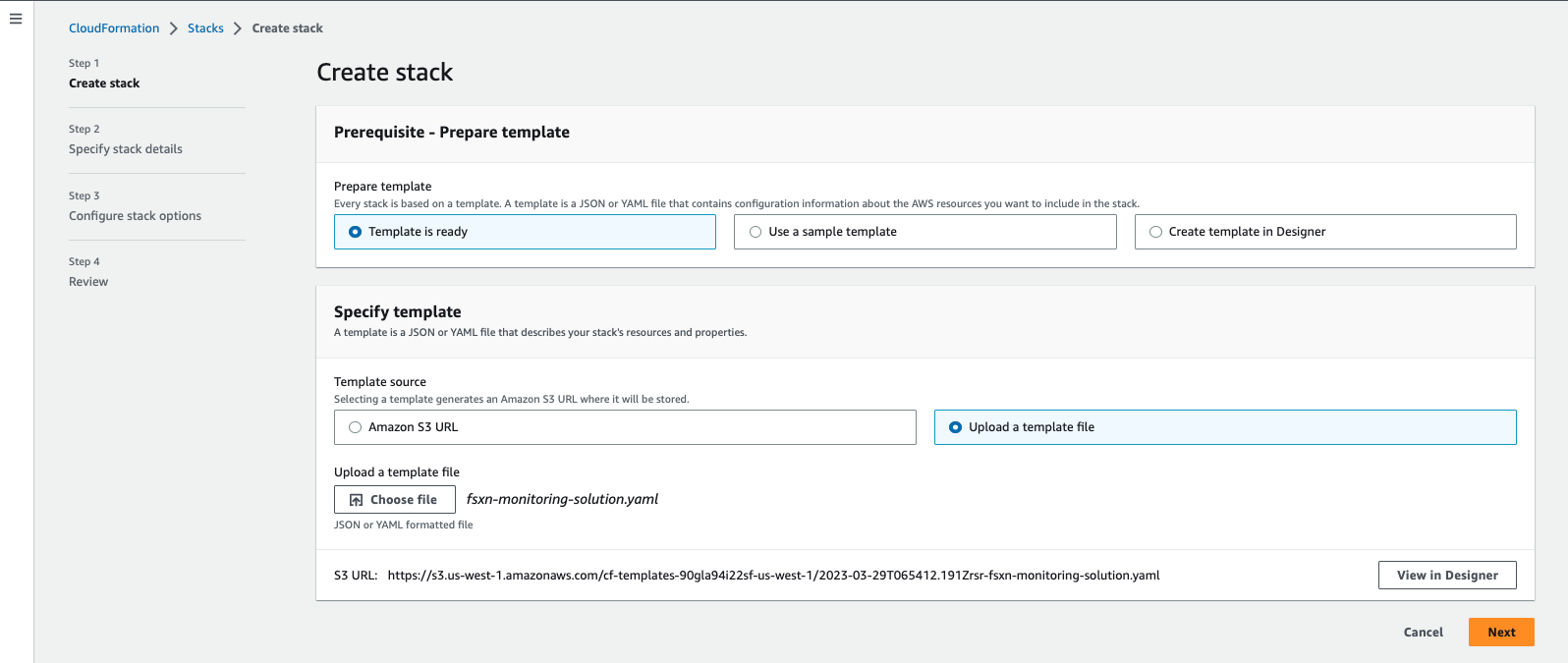 Esta imagem mostra a janela criar pilha do AWS CloudFormation