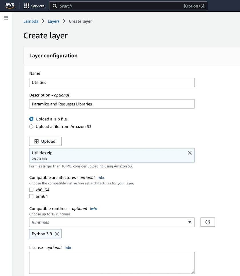 Esta imagem mostra a janela criar nova camada no console da AWS.