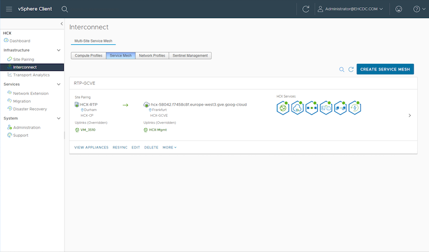 Captura de tela da guia Service Mesh na página vSphere client Interconnect.