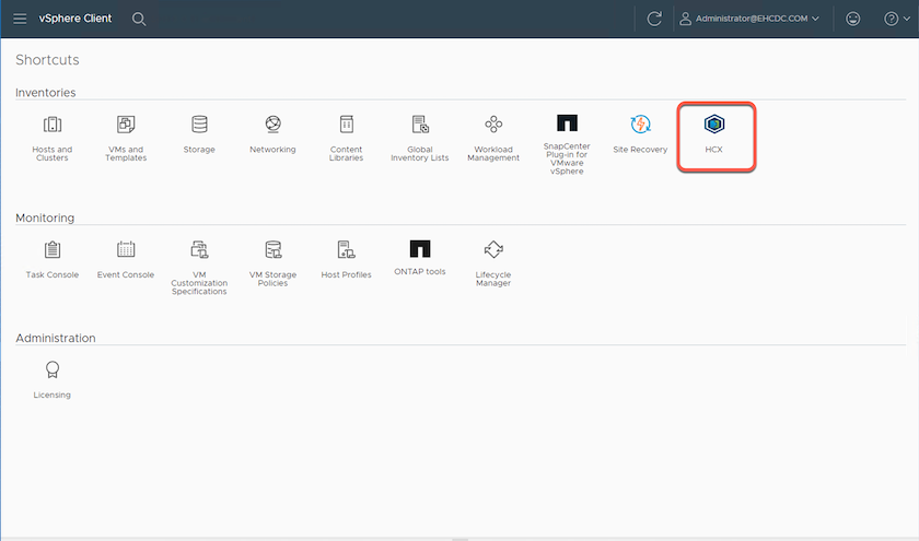 Captura de tela do plug-in do HCX vSphere Web Client.