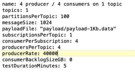 Esta imagem mostra as especificações selecionadas para a configuração da carga de trabalho de benchmark do OpenMessaging.