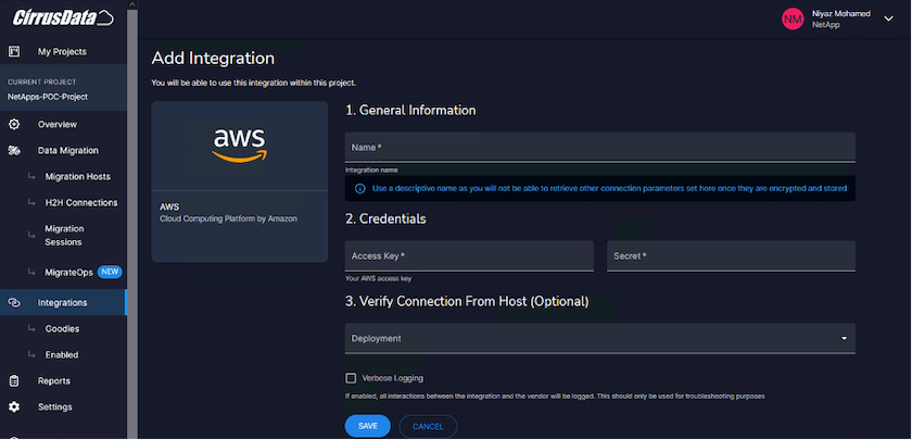 Imagem da interface de usuário Cirrus Data 'Add Integration'