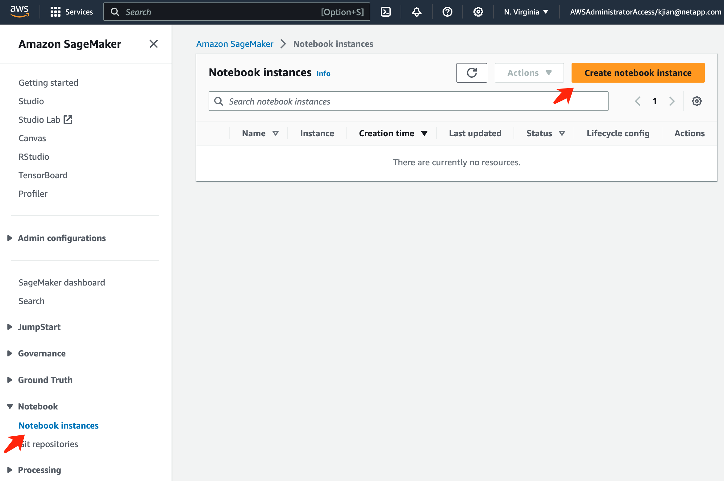 Console de instância de notebook do AWS SageMaker