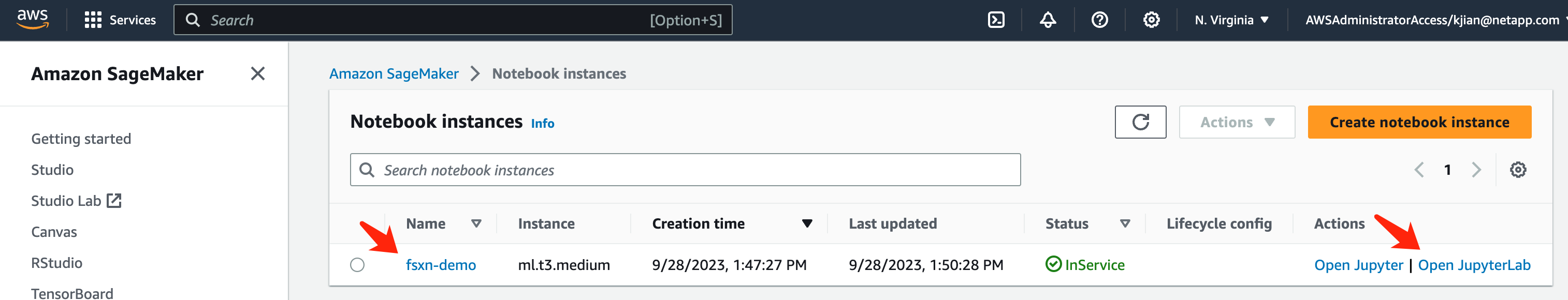 Console de instância do AWS SageMaker notebook