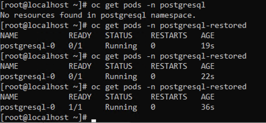 Restauração concluída para um novo namespace