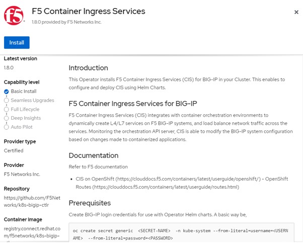 Bloco de informações do CIS F5 no OperatorHub