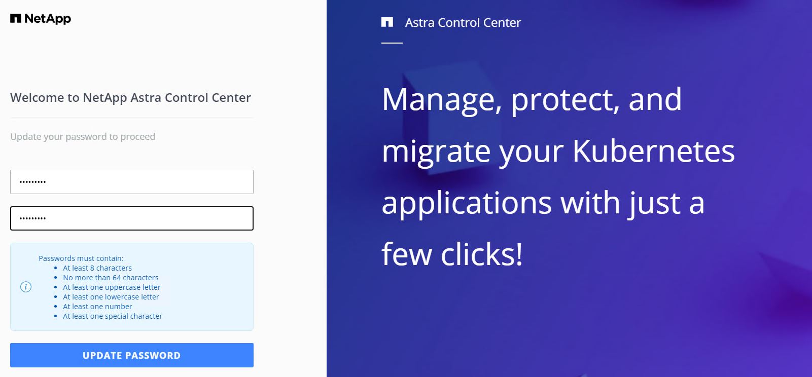 Alteração de senha obrigatória do Astra Control Center