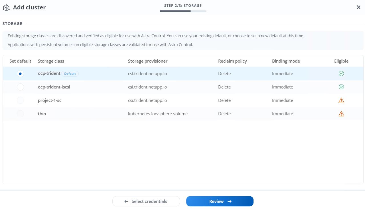 Astra Control Center cria storage selecionado de cluster