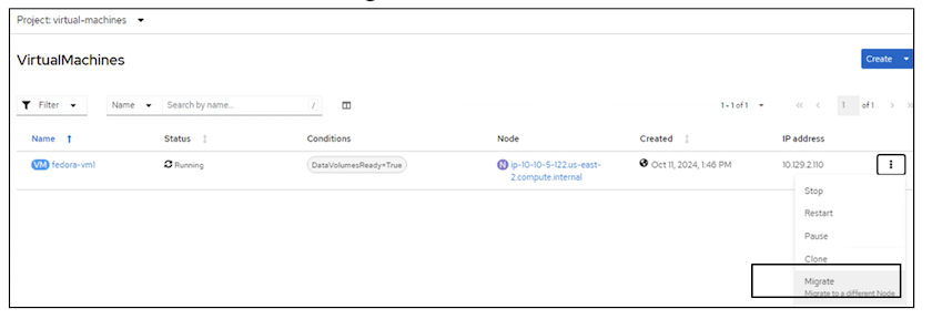 Migração ativa de VM OCP-v