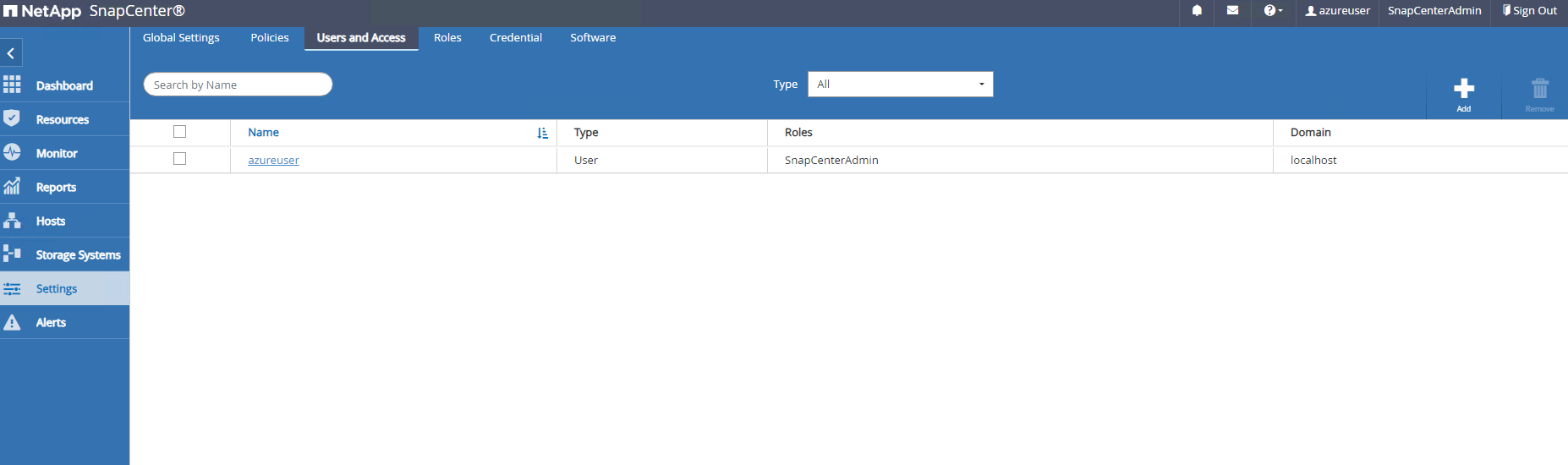 Esta imagem fornece Configurações-usuários e acesso para o servidor SnapCenter