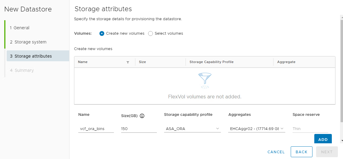 Captura de tela mostrando a configuração do vVols datastore.