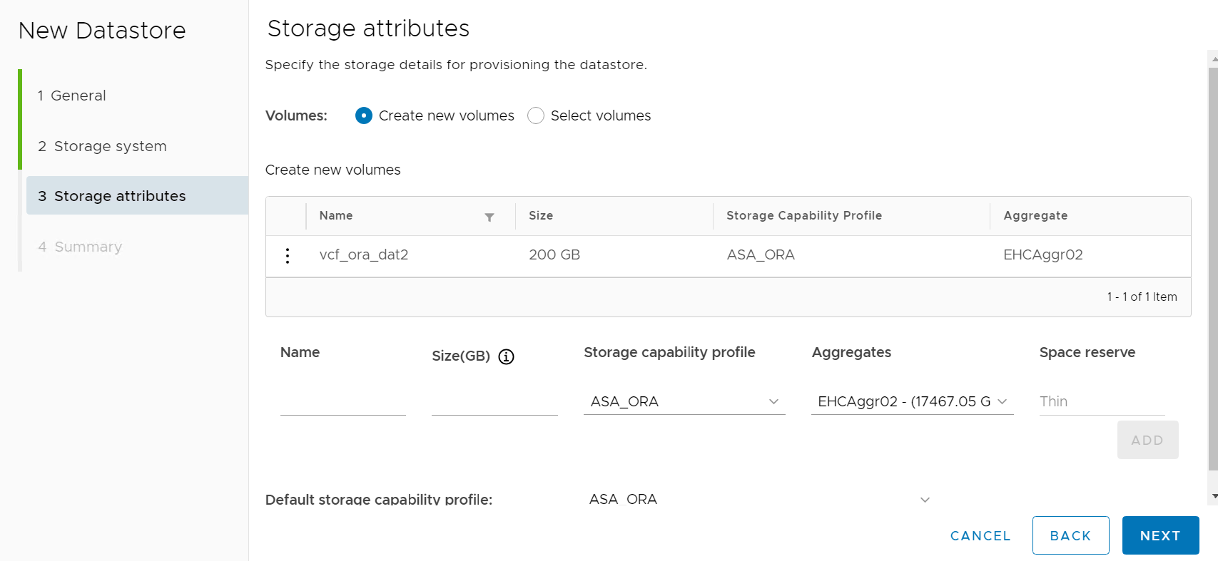 Captura de tela mostrando a configuração do vVols datastore.