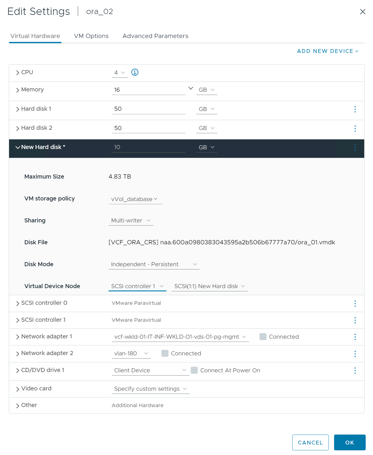 Captura de tela mostrando uma configuração de armazenamento de VM.