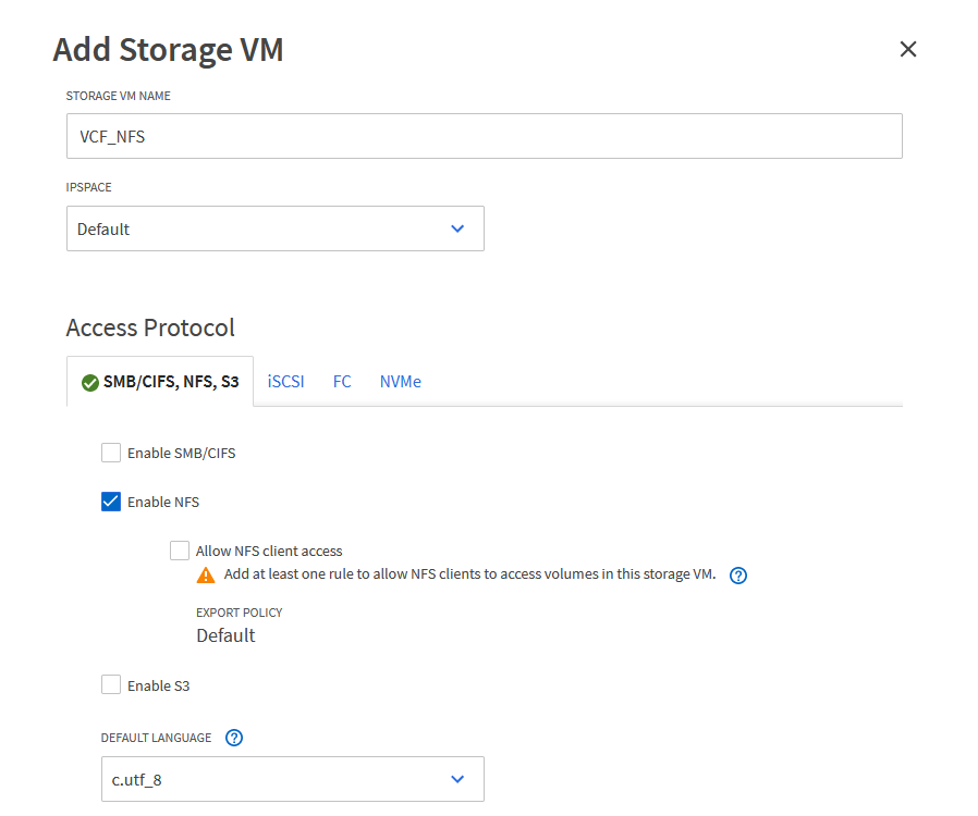 Assistente para adicionar VM de storage - ative o NFS