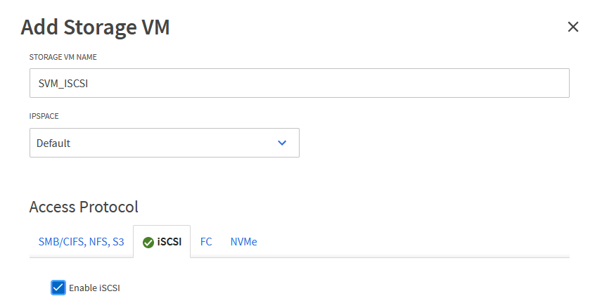 Assistente para adicionar VM de armazenamento - Ativar iSCSI