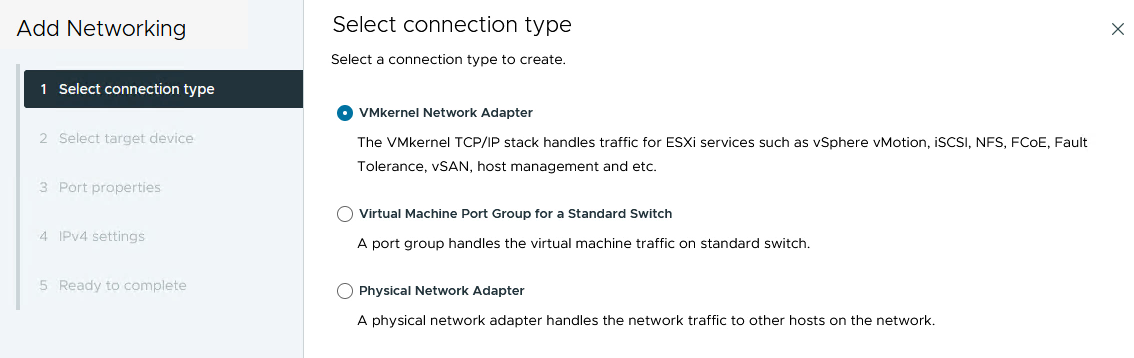 Escolha o adaptador de rede VMkernel