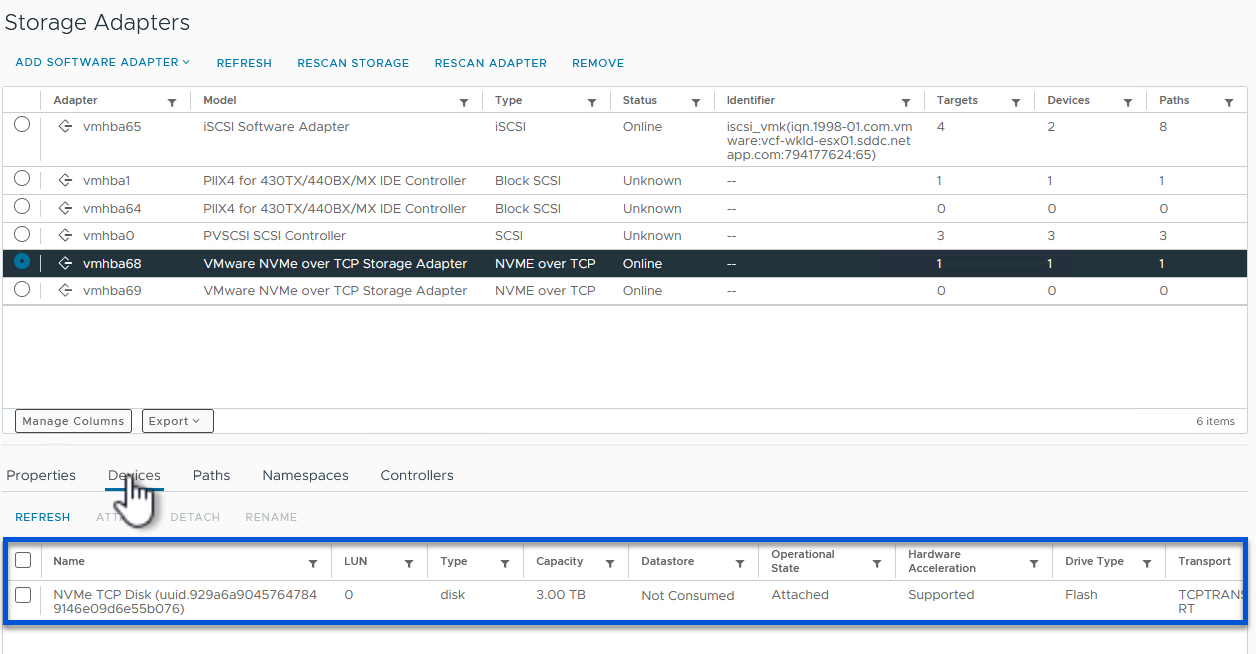 Namespace NVMe listado em dispositivos