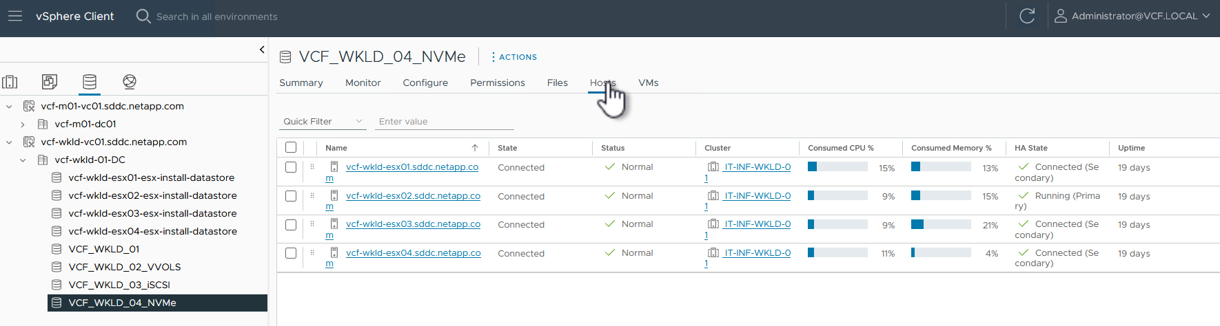 Hosts conetados ao datastore