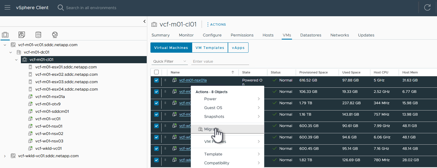 Selecione VMs para migrar