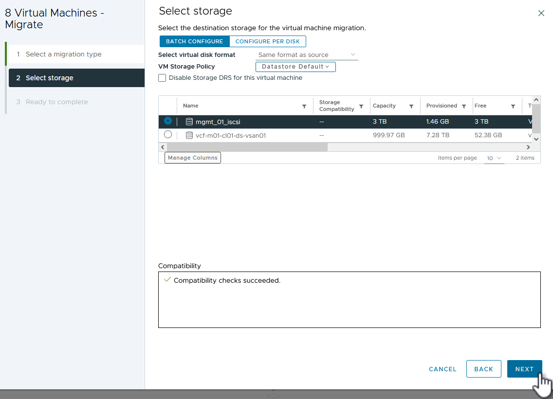 Selecione o datastore de destino