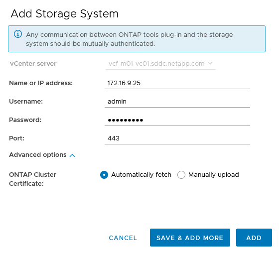 Fornecer credenciais do sistema de storage