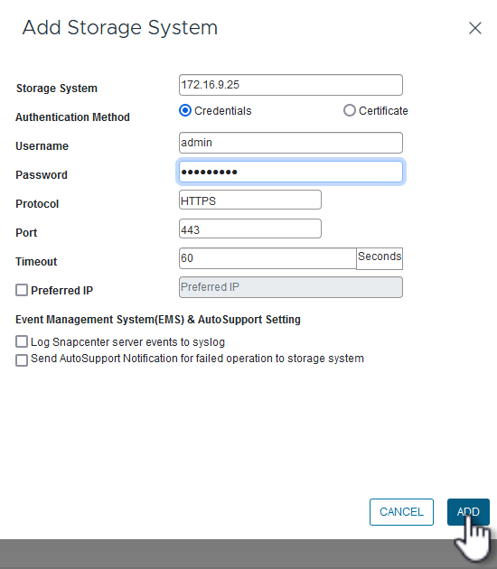 Fornecer credenciais do sistema de storage