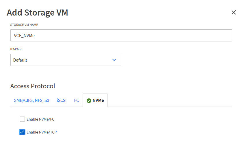 Assistente para adicionar VM de armazenamento - ative o NVMe/TCP