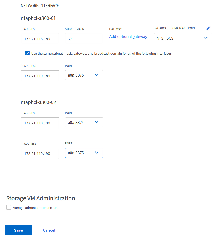 Preencha as informações de rede para LIFs