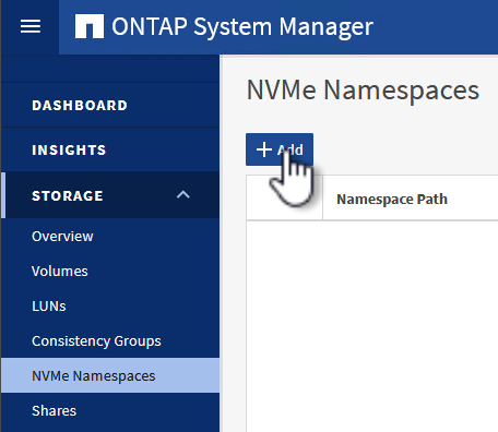 Clique em Adicionar para criar namespace NVMe