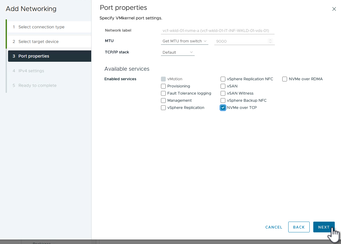 Propriedades da porta VMkernel