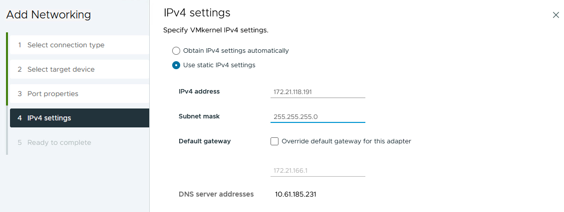 Definições do VMkernel IPv4