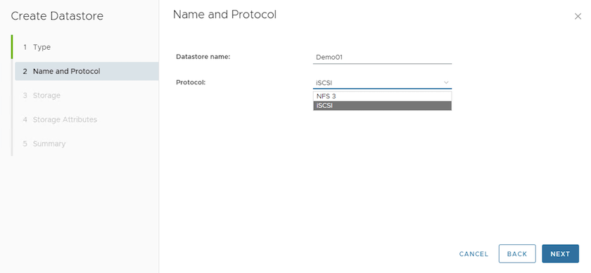 Nome do datastore e protocolo de transporte da VVol com 10,1