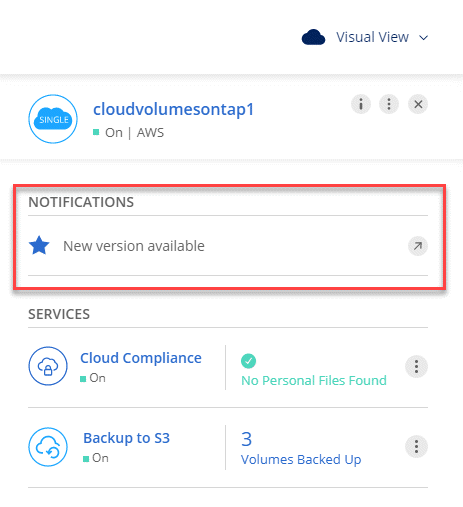 Captura de tela: Mostra a notificação Nova versão disponível que é exibida na página ambientes de trabalho depois de selecionar um ambiente de trabalho.