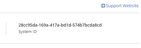 Uma captura de tela que mostra a ID do sistema do Cloud Manager que aparece no Painel de suporte.