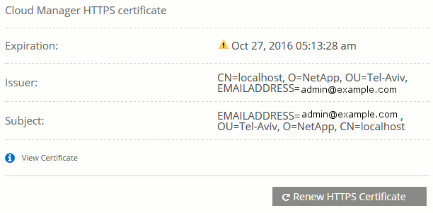 Captura de tela: Mostra a página Configuração HTTPS depois de instalar um certificado assinado. A página mostra as propriedades do certificado e uma opção para renovar o certificado.