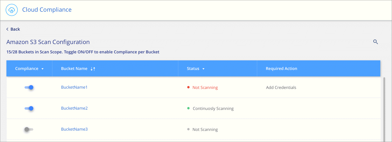 Uma captura de tela de seleção dos buckets S3 que você deseja digitalizar