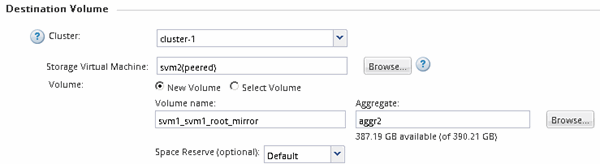 Definições do volume de destino