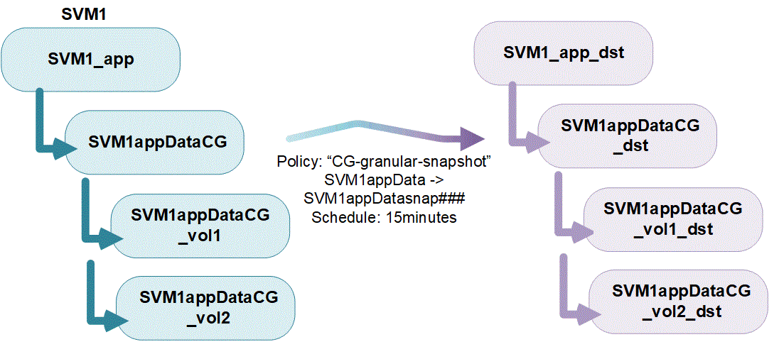 Um único grupo de consistência com seus volumes constituintes e a política de Snapshot local