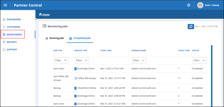 página de monitorização