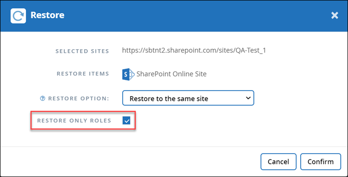 A imagem mostra a janela de restauração com a opção Restore Only Roles (Restaurar somente funções) selecionada