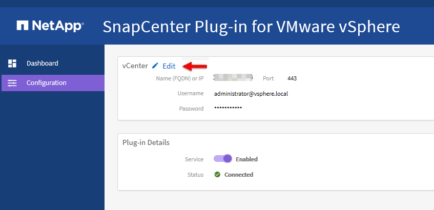 GUI de gerenciamento de plug-in do SnapCenter VMware