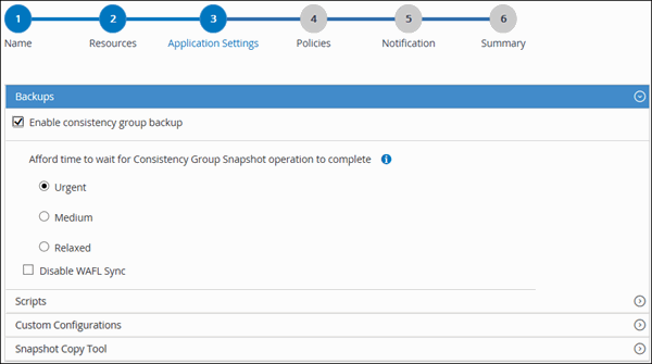 Uma captura de tela das opções para backup de grupo de consistência: Urgente, médio ou relaxado.