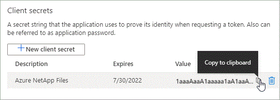 Uma captura de tela do portal do Azure que mostra um segredo do cliente para a entidade de serviço do Microsoft Entra.