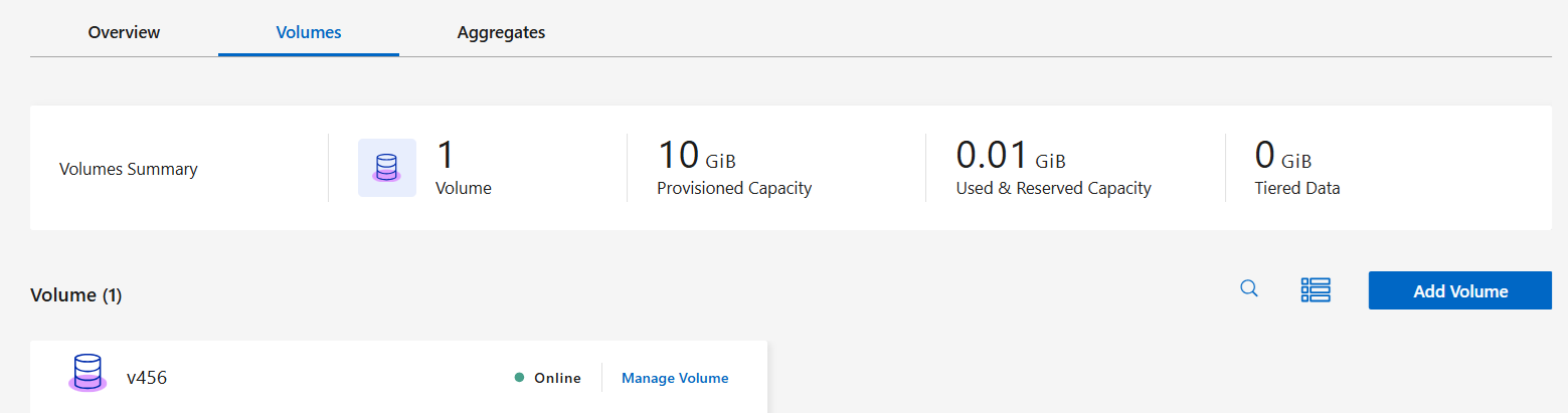 Uma captura de tela do botão Adicionar volume na guia Visão geral.