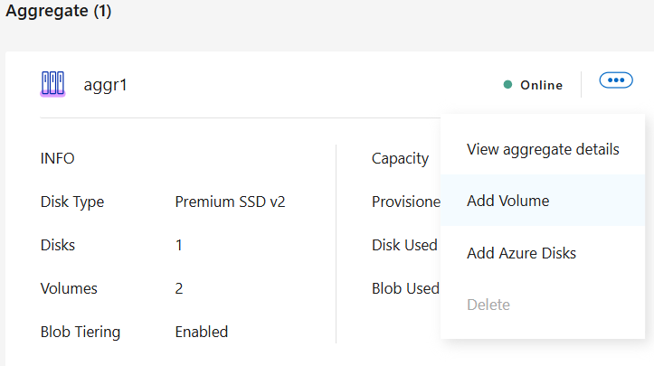 Uma captura de tela do botão Adicionar volume na aba Agregados.