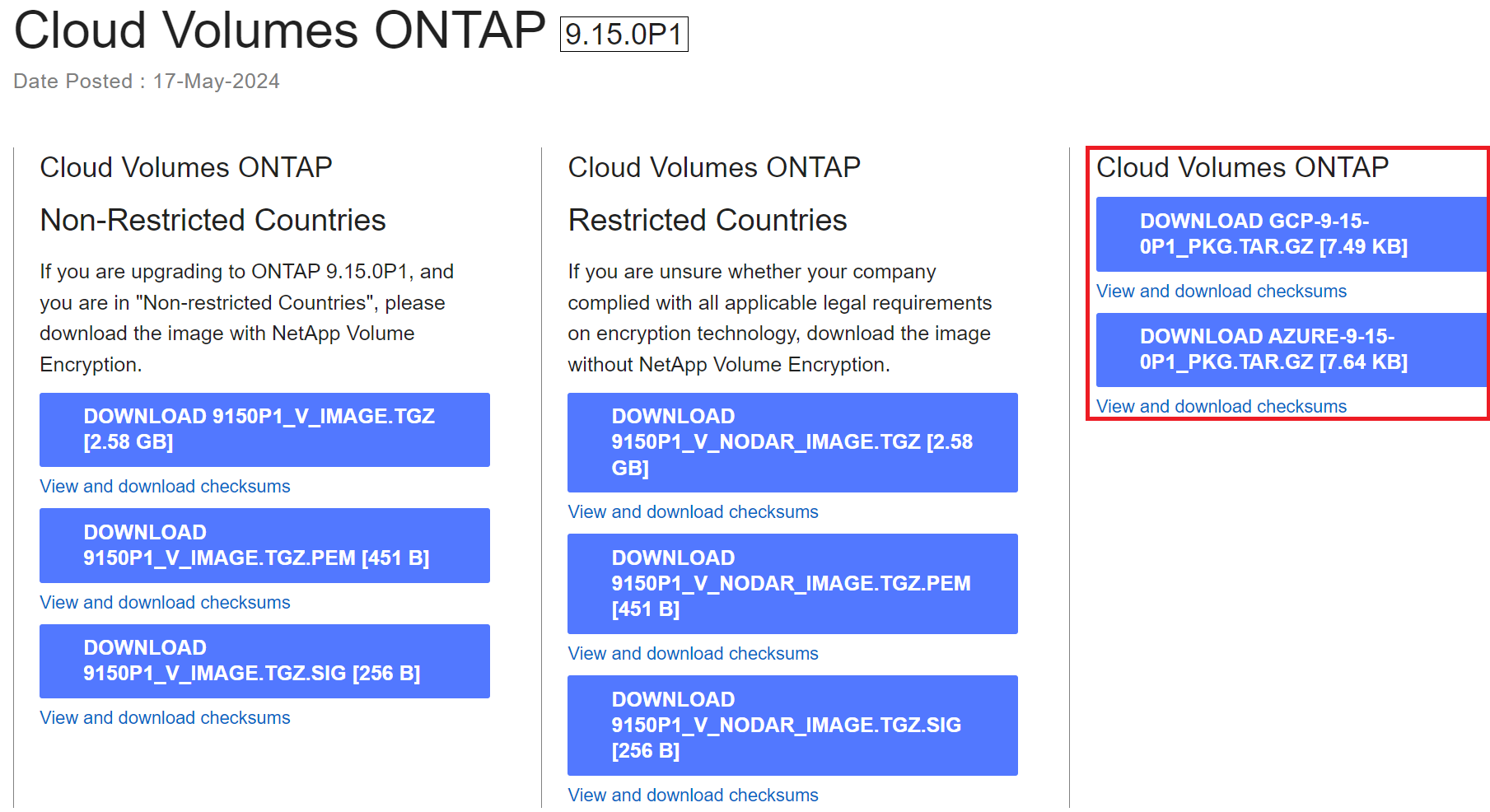 captura de tela volumes de nuvem ontap tar.gz