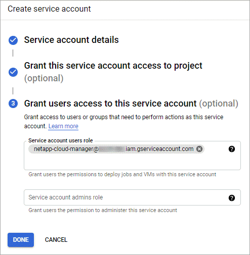 Uma captura de tela do Google Cloud Console onde você concede acesso a usuários a uma conta de serviço durante a criação.