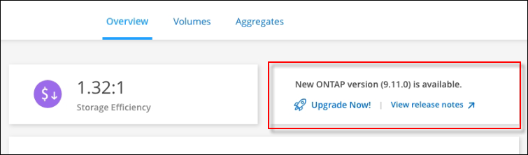 Uma captura de tela que mostra o link "Atualizar agora!" na aba Visão geral.