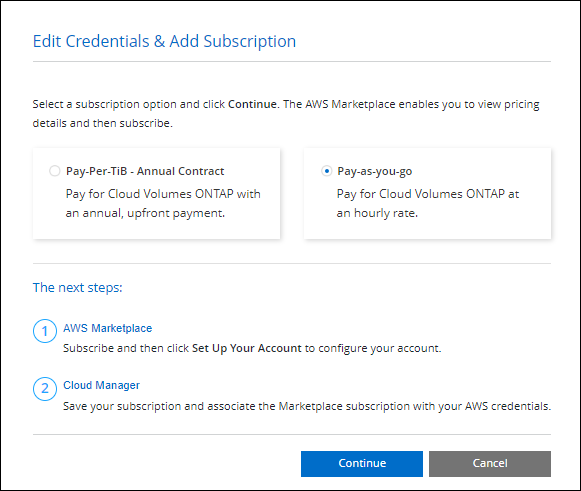 Uma captura de tela da opção de assinatura PAYGO ao criar um sistema Cloud Volumes ONTAP .