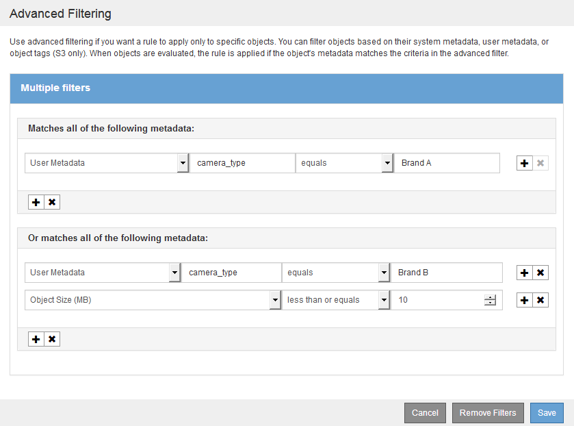 Exemplo de filtragem avançada para metadados do usuário